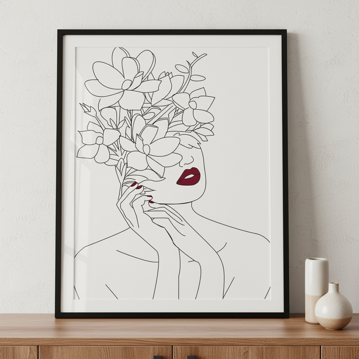 Flowers and lipstick ภาพติดผังสไตล์นามธรรม สำหรับตกแต่งบ้านและคอนโด พร้อมกรอบคุณภาพ