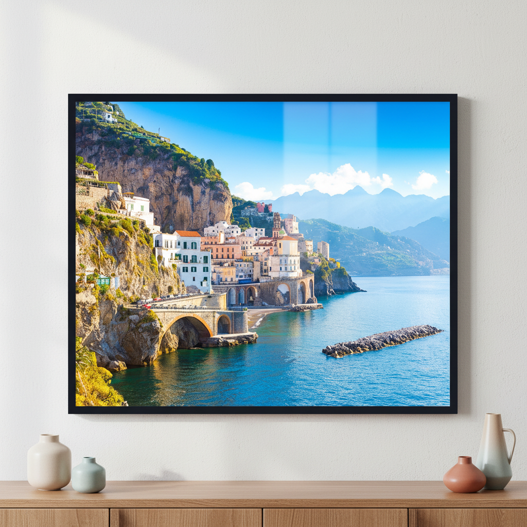 Mediterranean sea, Italy ภาพติดผังสไตล์วิวธรรมชาติ สำหรับตกแต่งบ้านและคอนโด พร้อมกรอบคุณภาพ