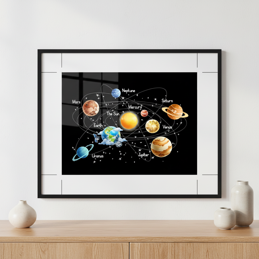 Solar system ภาพติดผังสไตล์นามธรรม สำหรับตกแต่งบ้านและคอนโด พร้อมกรอบคุณภาพ