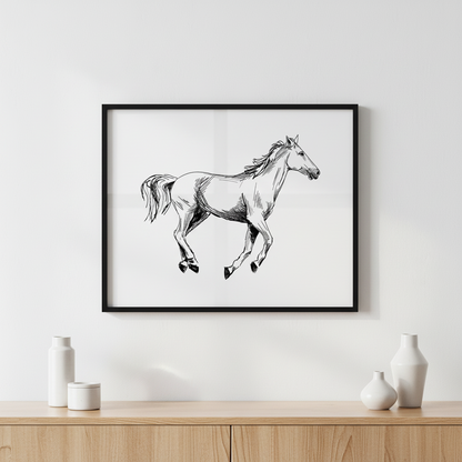Horse hand drawn ภาพติดผังสไตล์สแกนดิเนเวีย สำหรับตกแต่งบ้านและคอนโด พร้อมกรอบคุณภาพ
