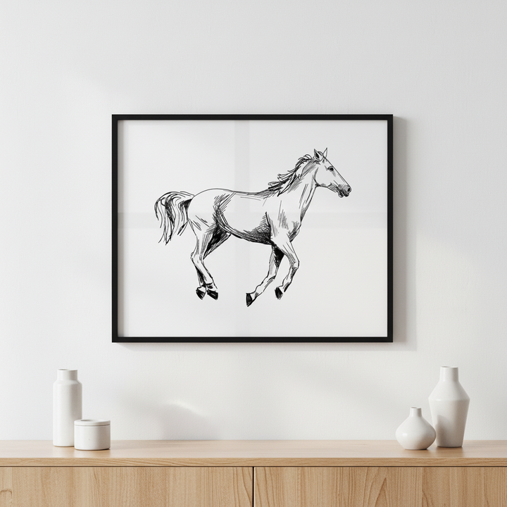 Horse hand drawn ภาพติดผังสไตล์สแกนดิเนเวีย สำหรับตกแต่งบ้านและคอนโด พร้อมกรอบคุณภาพ