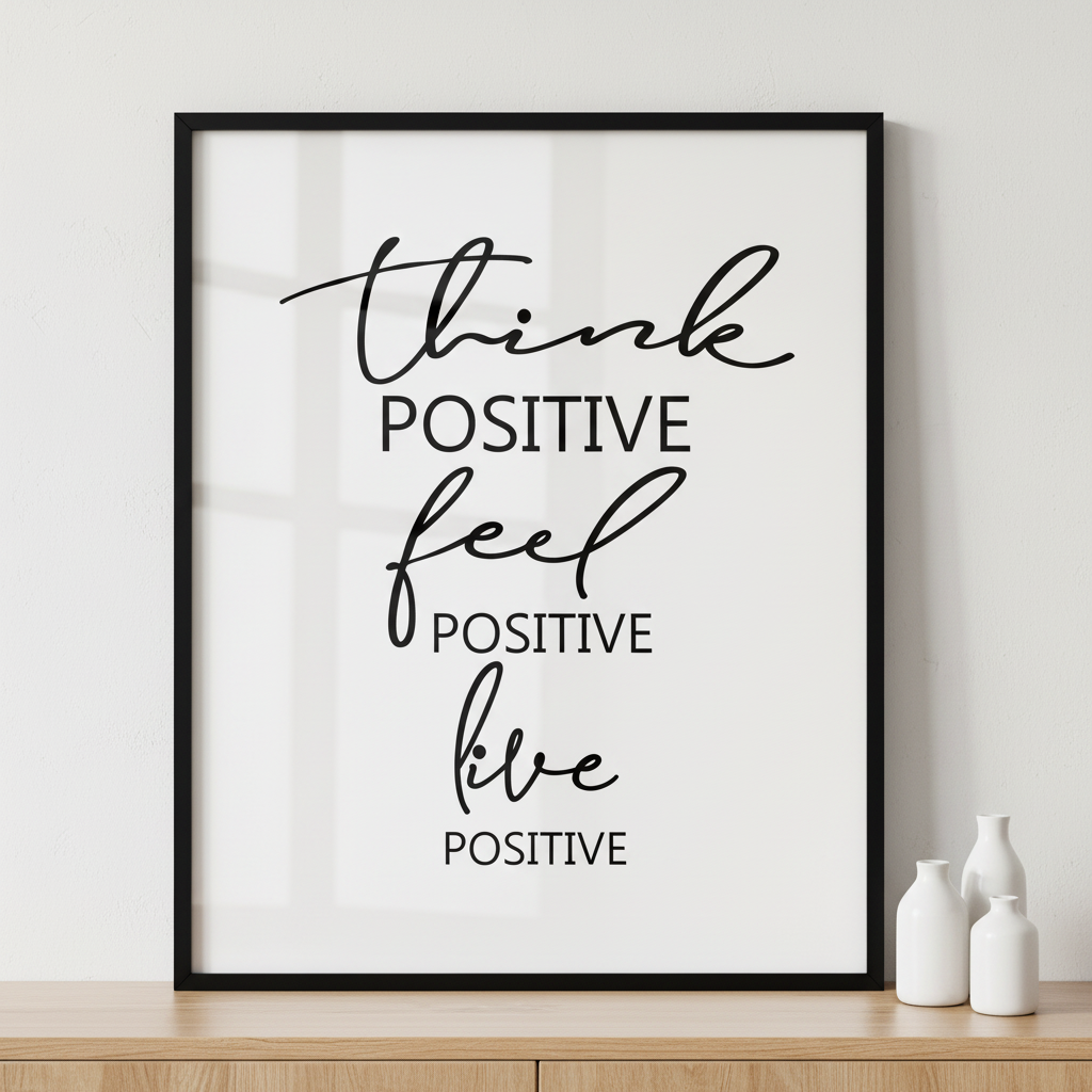"Think positive, feel positive, live positive" ภาพติดผังสไตล์สแกนดิเนเวีย สำหรับตกแต่งบ้านและคอนโด พร้อมกรอบคุณภาพ