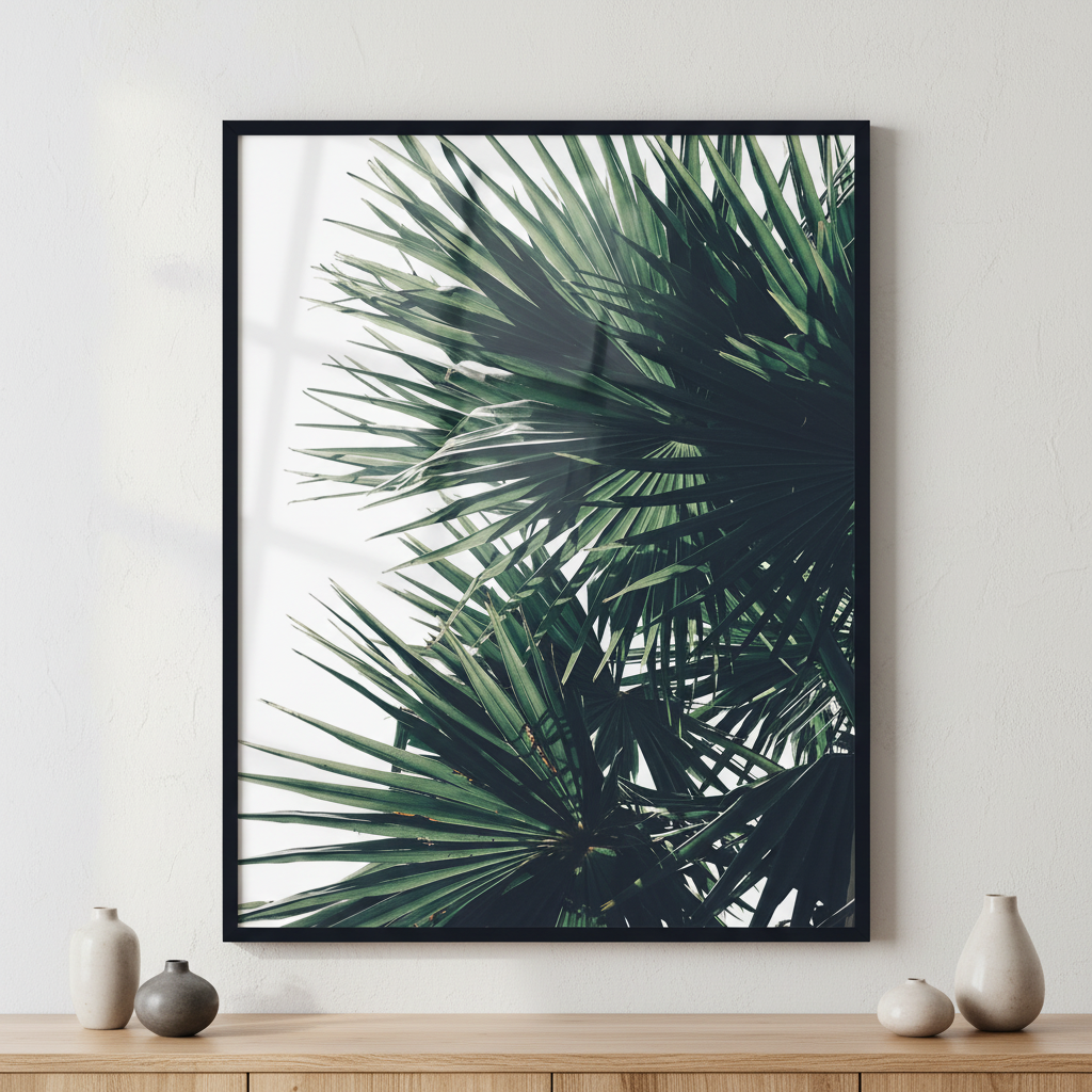Palm leaves ภาพติดผังสไตล์สแกนดิเนเวีย สำหรับตกแต่งบ้านและคอนโด พร้อมกรอบคุณภาพ