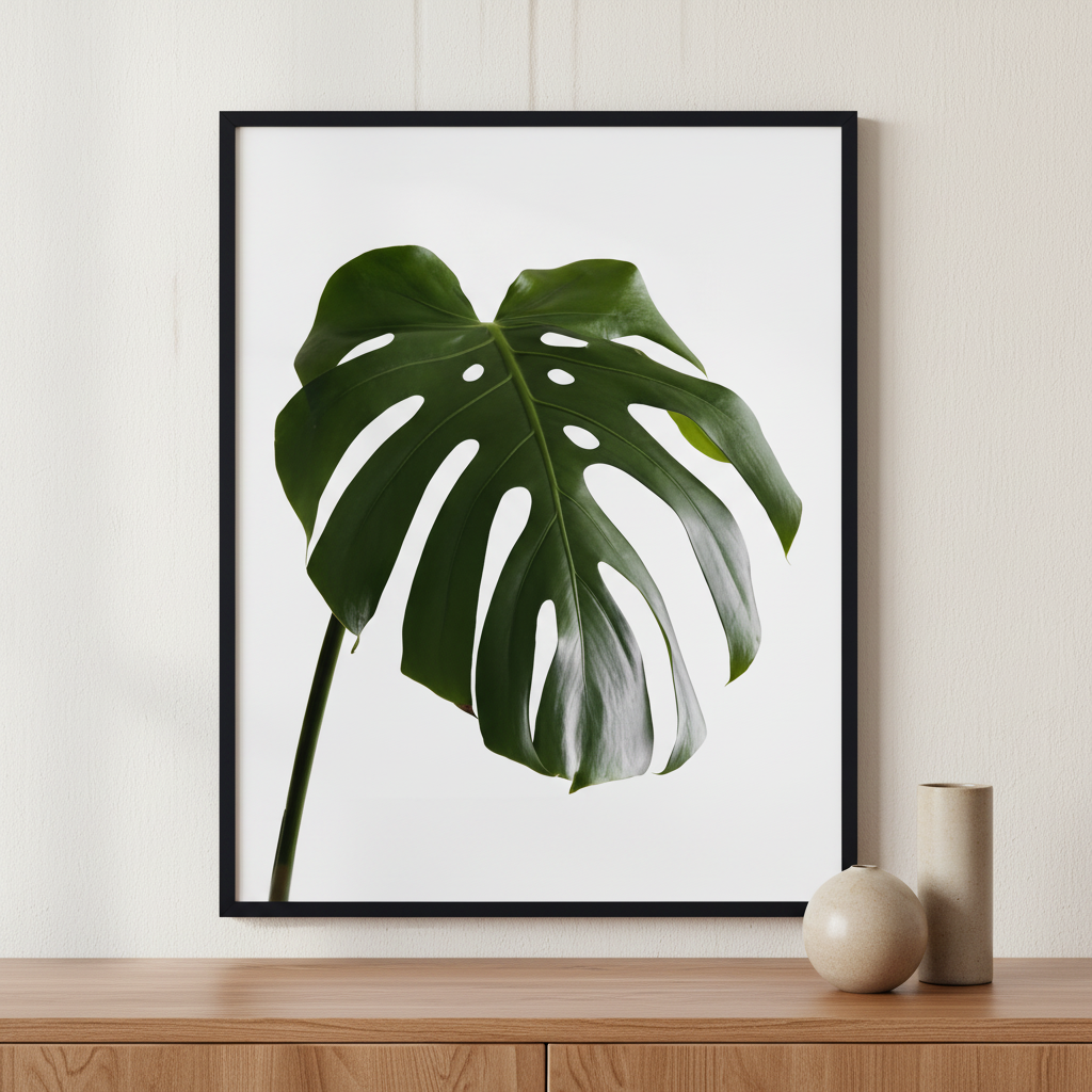 Monstera plant leaf ภาพติดผังสไตล์ธรรมชาติ สำหรับตกแต่งบ้านและคอนโด พร้อมกรอบคุณภาพ
