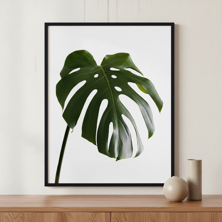 Monstera plant leaf ภาพติดผังสไตล์ธรรมชาติ สำหรับตกแต่งบ้านและคอนโด พร้อมกรอบคุณภาพ