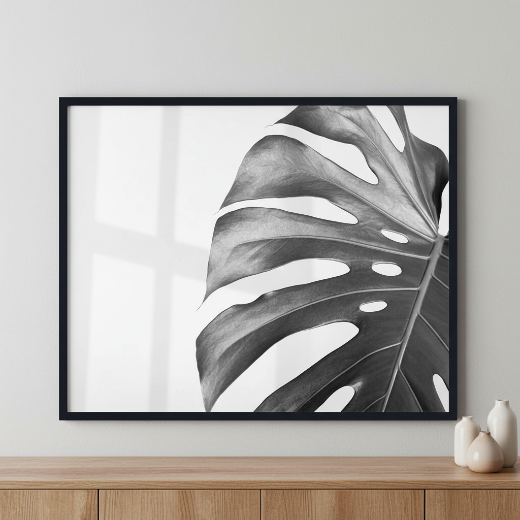 Monstera leaf ภาพติดผังสไตล์สแกนดิเนเวีย สำหรับตกแต่งบ้านและคอนโด พร้อมกรอบคุณภาพ
