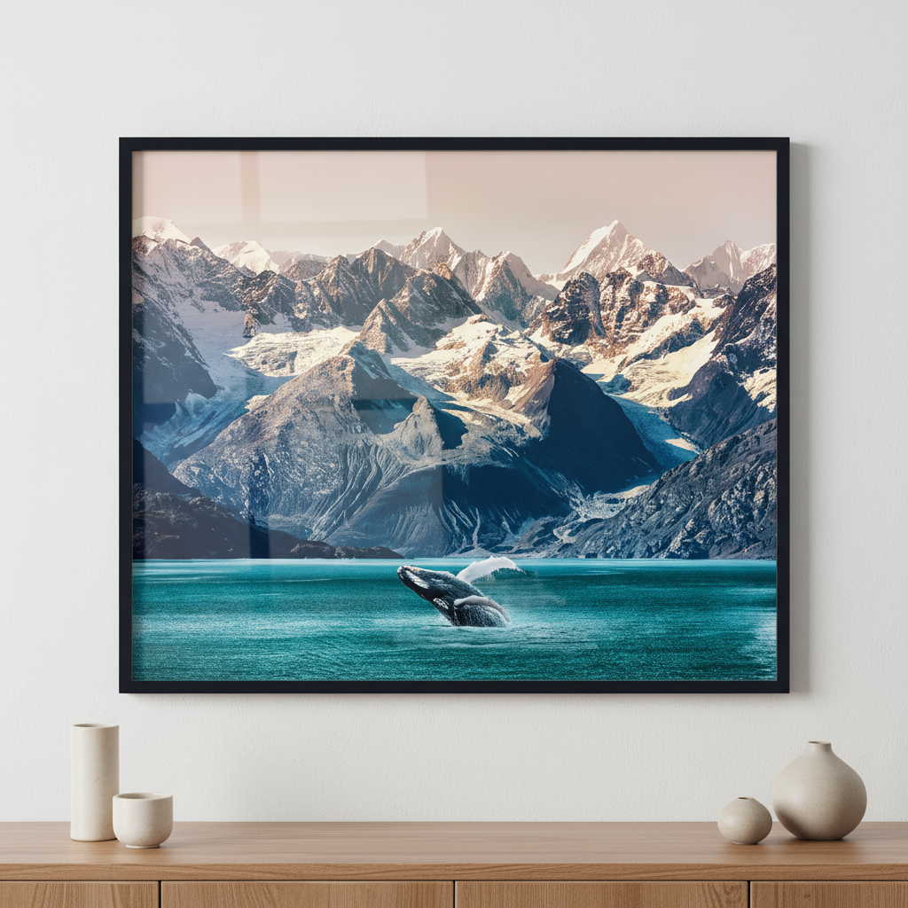 Alaska whale ภาพติดผังสไตล์วิวธรรมชาติ สำหรับตกแต่งบ้านและคอนโด พร้อมกรอบคุณภาพ