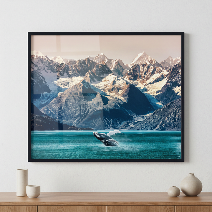 Alaska whale ภาพติดผังสไตล์วิวธรรมชาติ สำหรับตกแต่งบ้านและคอนโด พร้อมกรอบคุณภาพ