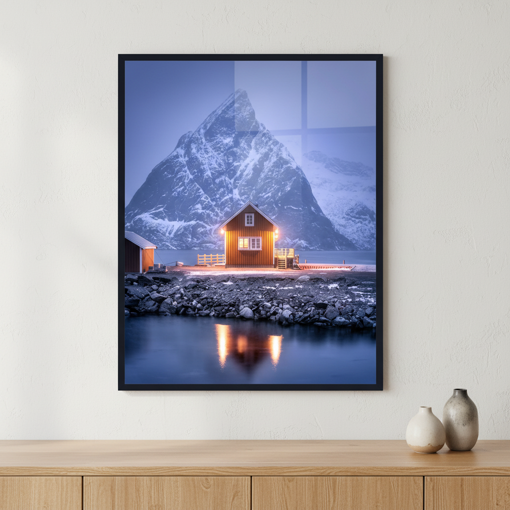 Lofoten islands, Norway. ภาพติดผังสไตล์สแกนดิเนเวีย สำหรับตกแต่งบ้านและคอนโด พร้อมกรอบคุณภาพ