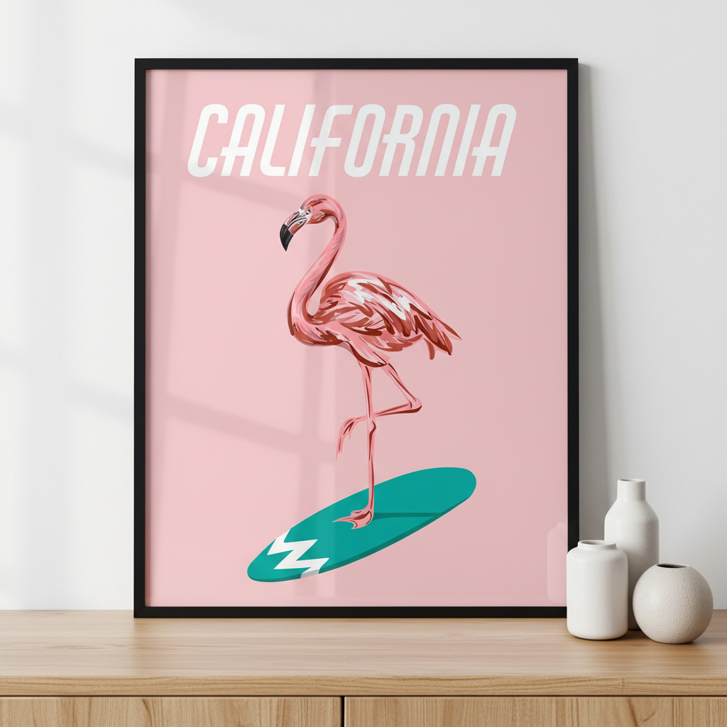 Flamingo on surfboard ภาพติดผังสไตล์สแกนดิเนเวีย สำหรับตกแต่งบ้านและคอนโด พร้อมกรอบคุณภาพ