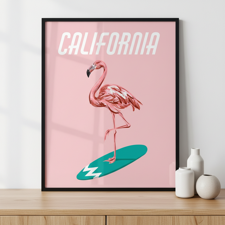 Flamingo on surfboard ภาพติดผังสไตล์สแกนดิเนเวีย สำหรับตกแต่งบ้านและคอนโด พร้อมกรอบคุณภาพ