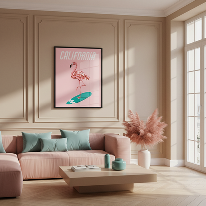 Flamingo on surfboard