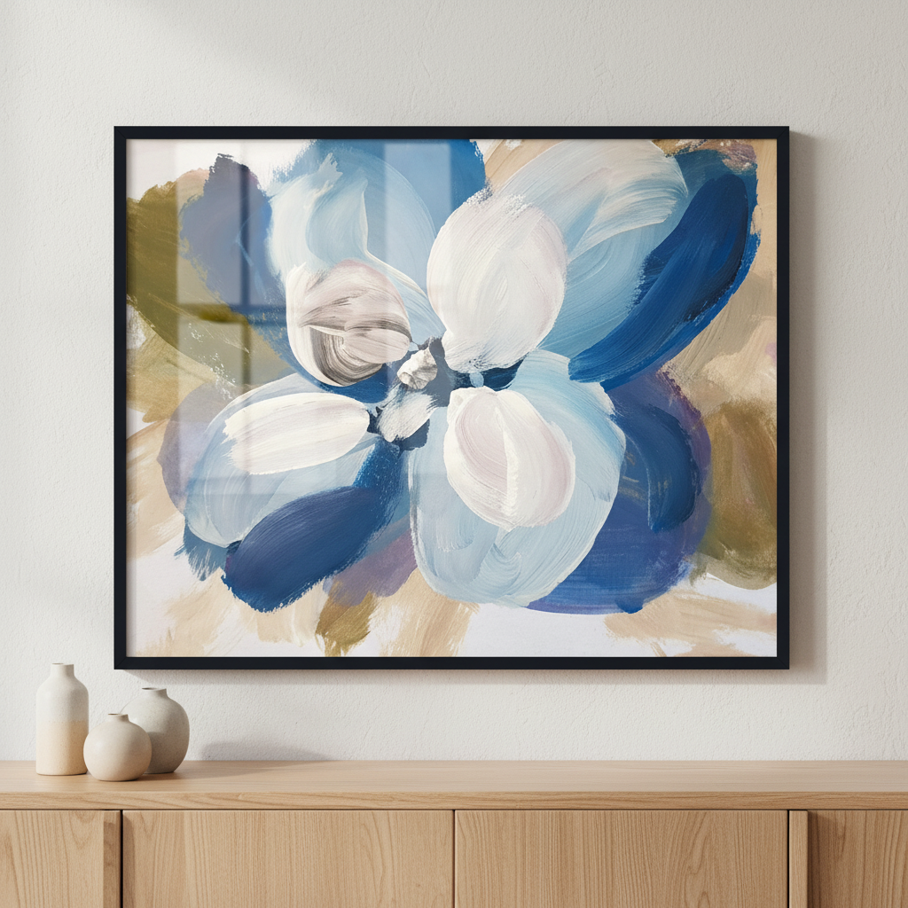 Blue flower painting ภาพติดผังสไตล์สแกนดิเนเวีย สำหรับตกแต่งบ้านและคอนโด พร้อมกรอบคุณภาพ