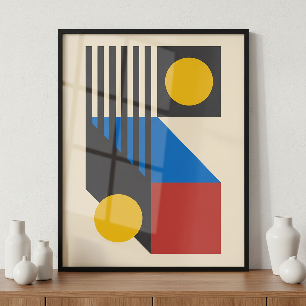 Vintage geometric ภาพติดผังสไตล์Bauhaus สำหรับตกแต่งบ้านและคอนโด พร้อมกรอบคุณภาพ