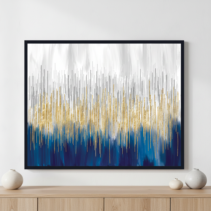 Gold and blue painting ภาพติดผังสไตล์สแกนดิเนเวีย สำหรับตกแต่งบ้านและคอนโด พร้อมกรอบคุณภาพ