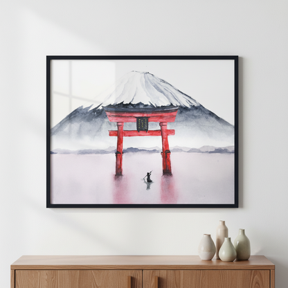 Watercolor fuji mountain and torii gate. ภาพติดผังสไตล์สแกนดิเนเวีย สำหรับตกแต่งบ้านและคอนโด พร้อมกรอบคุณภาพ