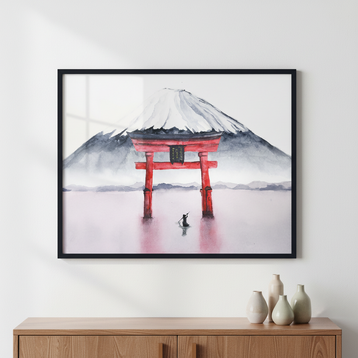 Watercolor fuji mountain and torii gate. ภาพติดผังสไตล์สแกนดิเนเวีย สำหรับตกแต่งบ้านและคอนโด พร้อมกรอบคุณภาพ