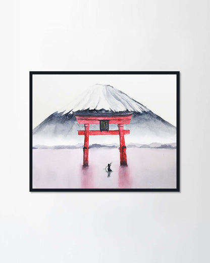Watercolor fuji mountain and torii gate.