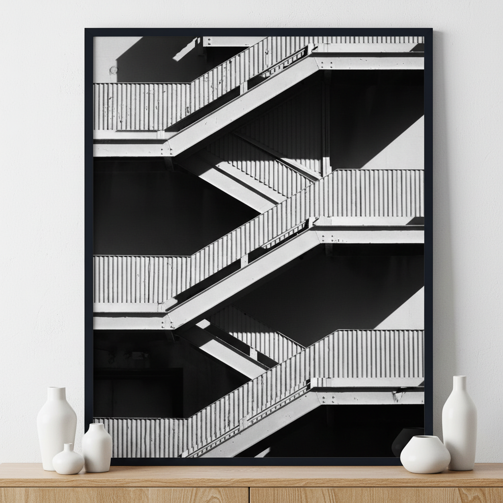 Fine Art Modern Stairway Pattern ภาพติดผังสไตล์สแกนดิเนเวีย สำหรับตกแต่งบ้านและคอนโด พร้อมกรอบคุณภาพ