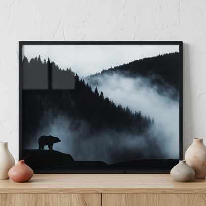 wilderness landscape with bear silhouette and misty mountains ภาพติดผังสไตล์นามธรรม สำหรับตกแต่งบ้านและคอนโด พร้อมกรอบคุณภาพ