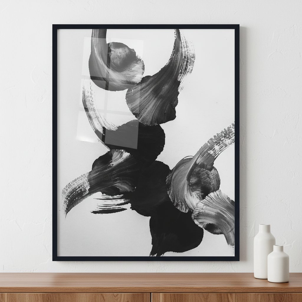 monochrome abstract acrylic with brush strokes ภาพติดผังสไตล์สแกนดิเนเวีย สำหรับตกแต่งบ้านและคอนโด พร้อมกรอบคุณภาพ