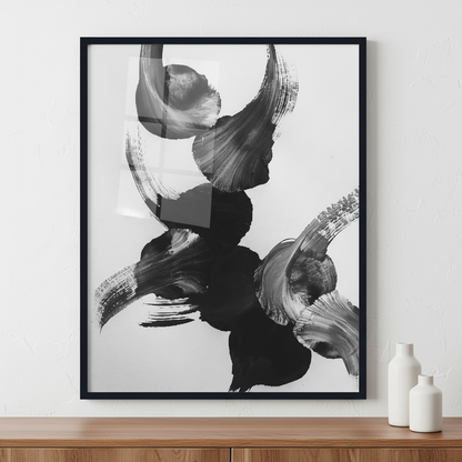 monochrome abstract acrylic with brush strokes ภาพติดผังสไตล์สแกนดิเนเวีย สำหรับตกแต่งบ้านและคอนโด พร้อมกรอบคุณภาพ