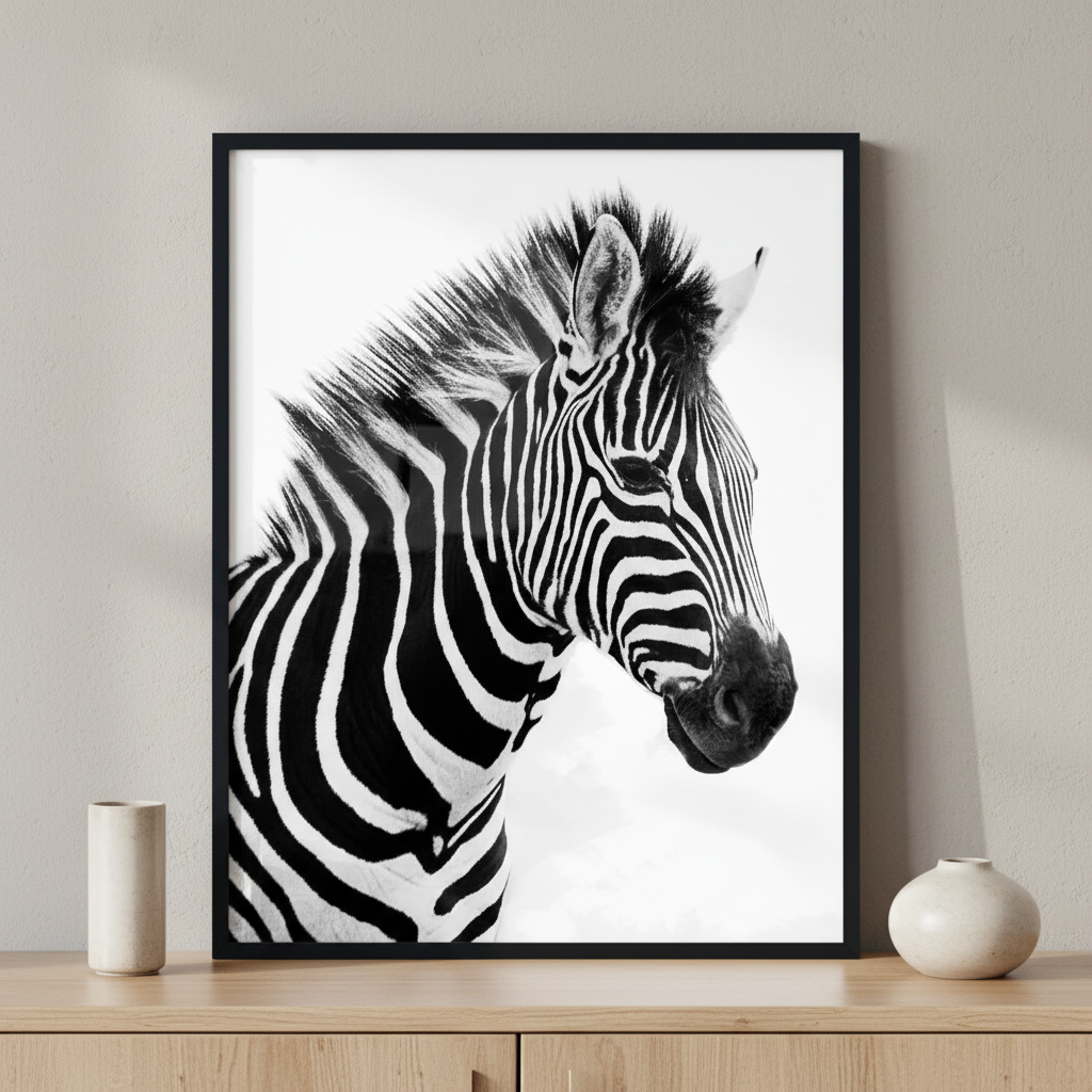 Plains Zebra head ภาพติดผังสไตล์สแกนดิเนเวีย สำหรับตกแต่งบ้านและคอนโด พร้อมกรอบคุณภาพ