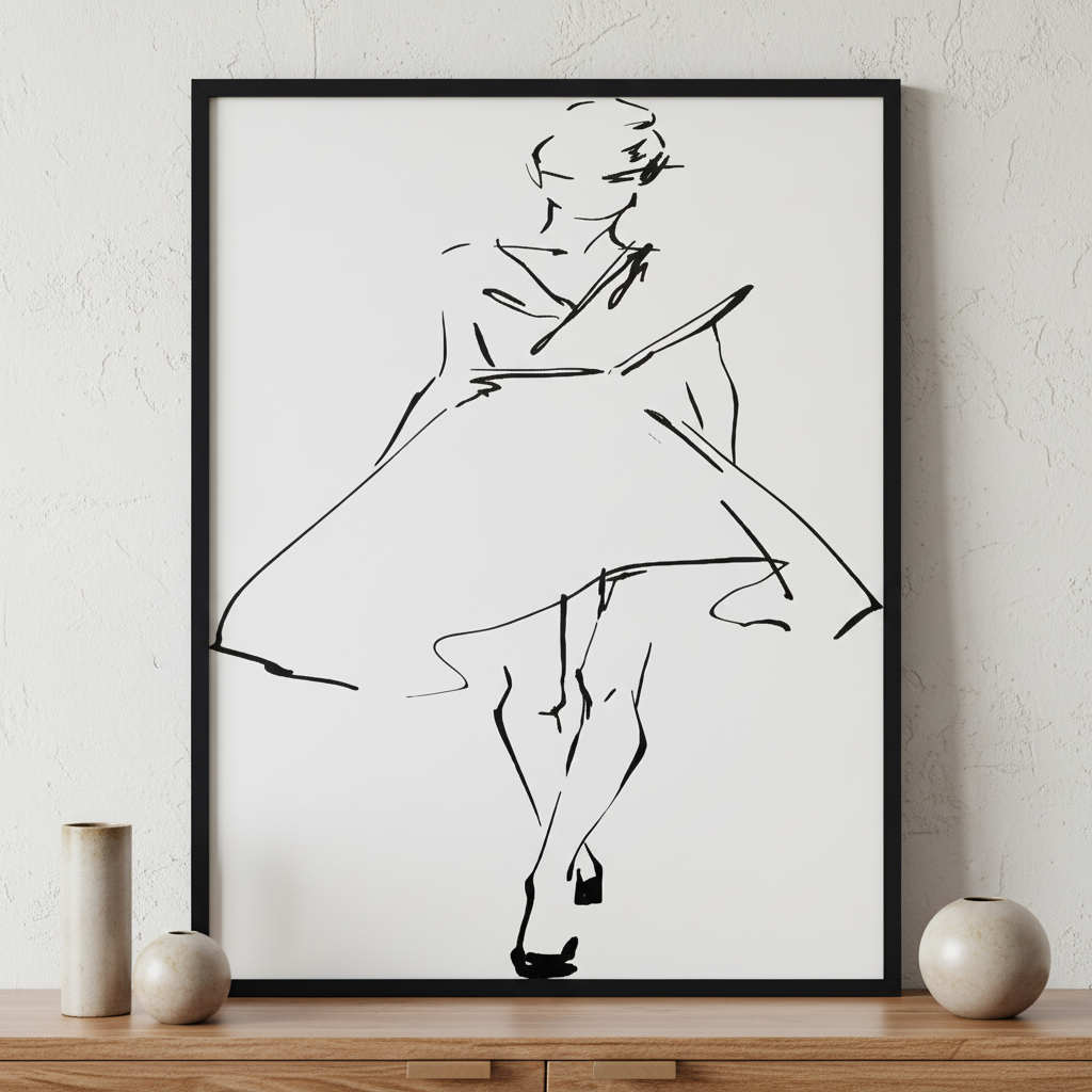 Sketch of fashion model in a dress ภาพติดผังสไตล์นามธรรม สำหรับตกแต่งบ้านและคอนโด พร้อมกรอบคุณภาพ