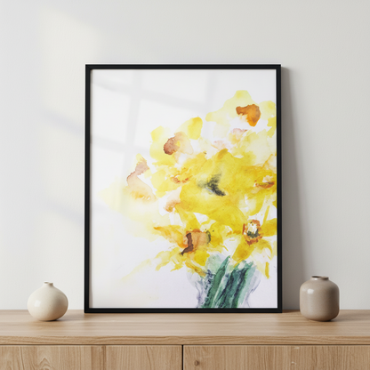 Yellow Narcissus flower ภาพติดผังสไตล์นามธรรม สำหรับตกแต่งบ้านและคอนโด พร้อมกรอบคุณภาพ