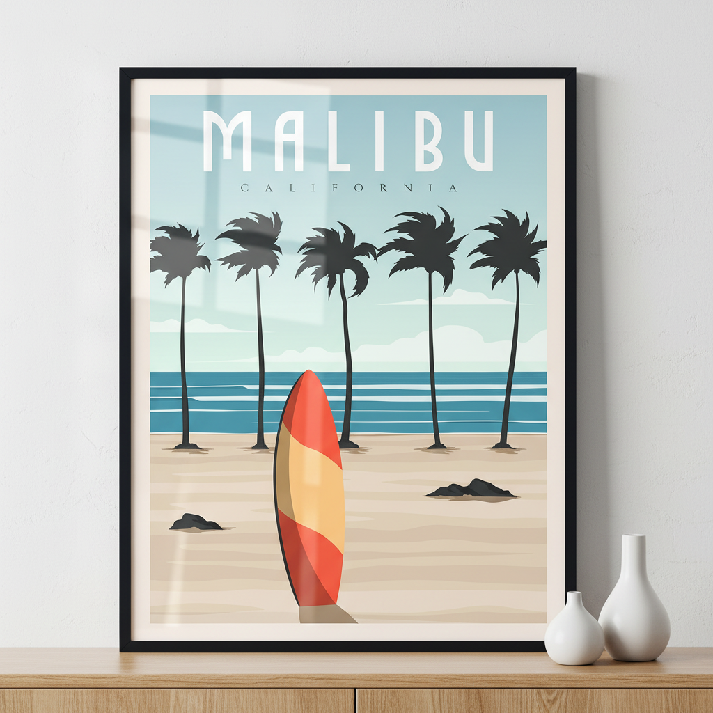 malibu california beach vintage ภาพติดผังสไตล์วิวธรรมชาติ สำหรับตกแต่งบ้านและคอนโด พร้อมกรอบคุณภาพ