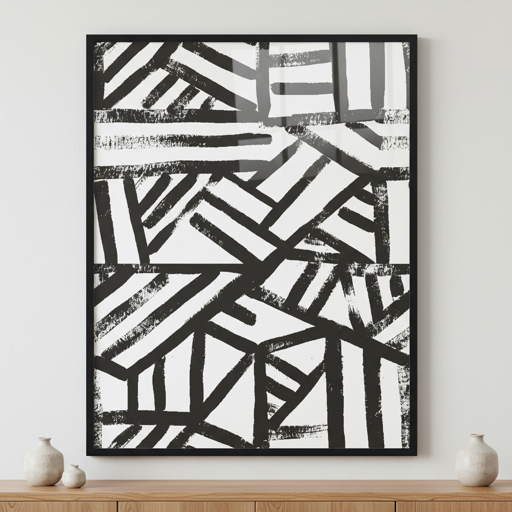black and white geometric shapes. ภาพติดผังสไตล์สแกนดิเนเวีย สำหรับตกแต่งบ้านและคอนโด พร้อมกรอบคุณภาพ