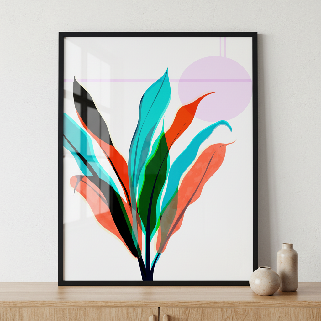 watercolor flower and leaves l ภาพติดผังสไตล์สแกนดิเนเวีย สำหรับตกแต่งบ้านและคอนโด พร้อมกรอบคุณภาพ