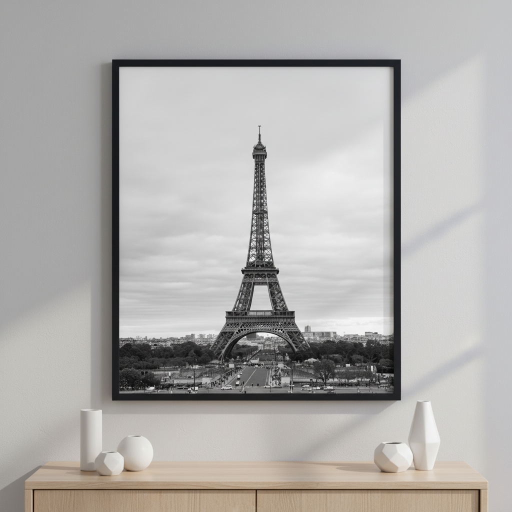 Eiffel Tower black and white ภาพติดผังสไตล์สแกนดิเนเวีย สำหรับตกแต่งบ้านและคอนโด พร้อมกรอบคุณภาพ