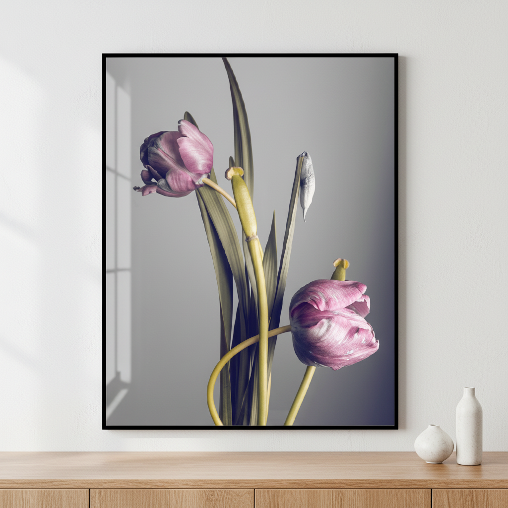 two tulips and foliage ภาพติดผังสไตล์สแกนดิเนเวีย สำหรับตกแต่งบ้านและคอนโด พร้อมกรอบคุณภาพ