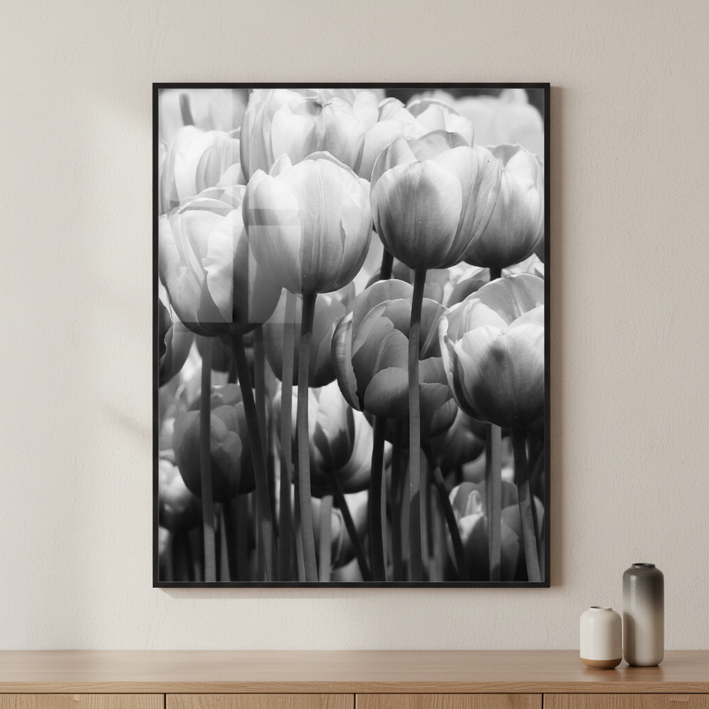 Monochrome Flower ภาพติดผังสไตล์สแกนดิเนเวีย สำหรับตกแต่งบ้านและคอนโด พร้อมกรอบคุณภาพ