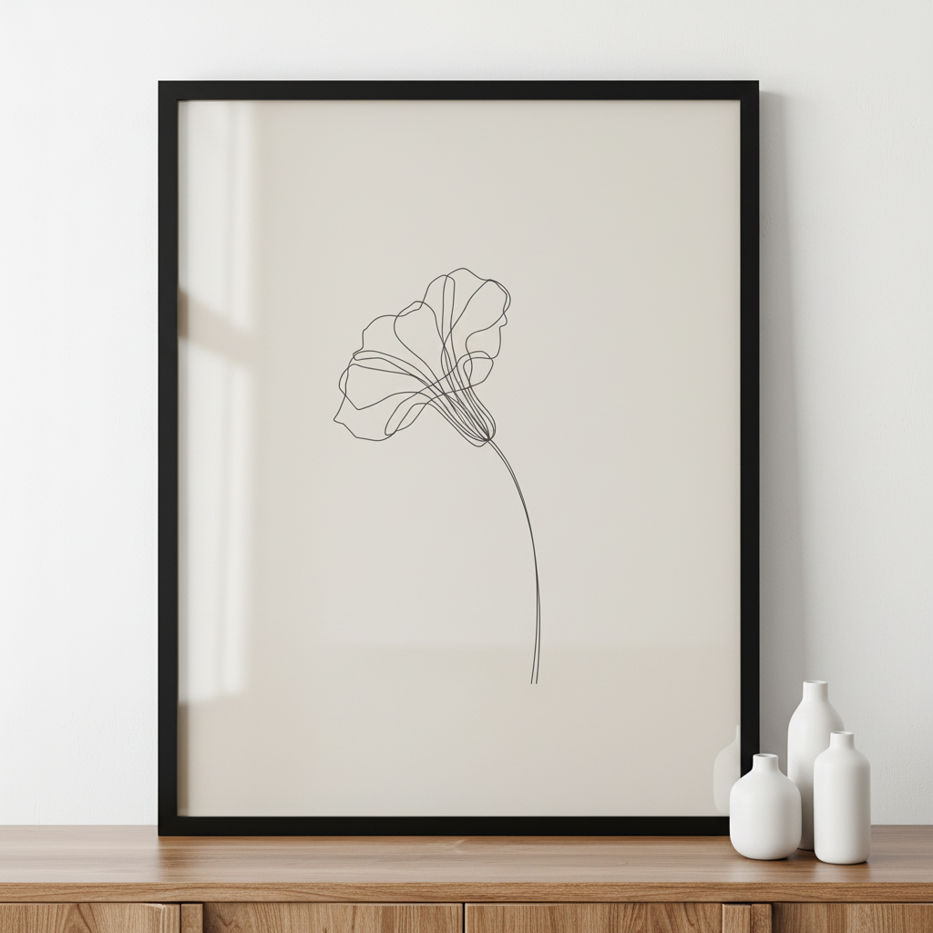 Morning glory flower minimal ภาพติดผังสไตล์นามธรรม สำหรับตกแต่งบ้านและคอนโด พร้อมกรอบคุณภาพ