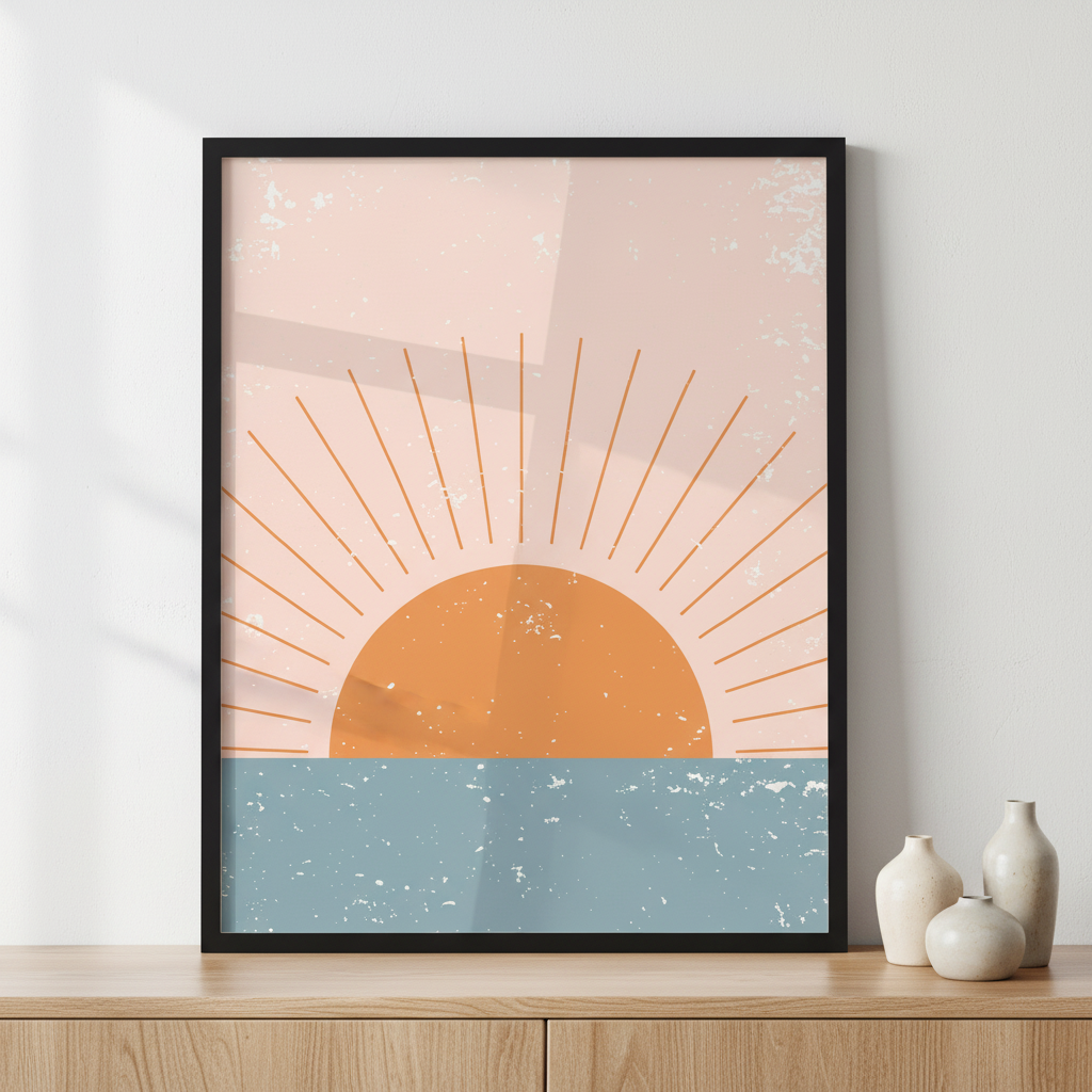 Sun and Moon Abstract ภาพติดผังสไตล์สแกนดิเนเวีย สำหรับตกแต่งบ้านและคอนโด พร้อมกรอบคุณภาพ