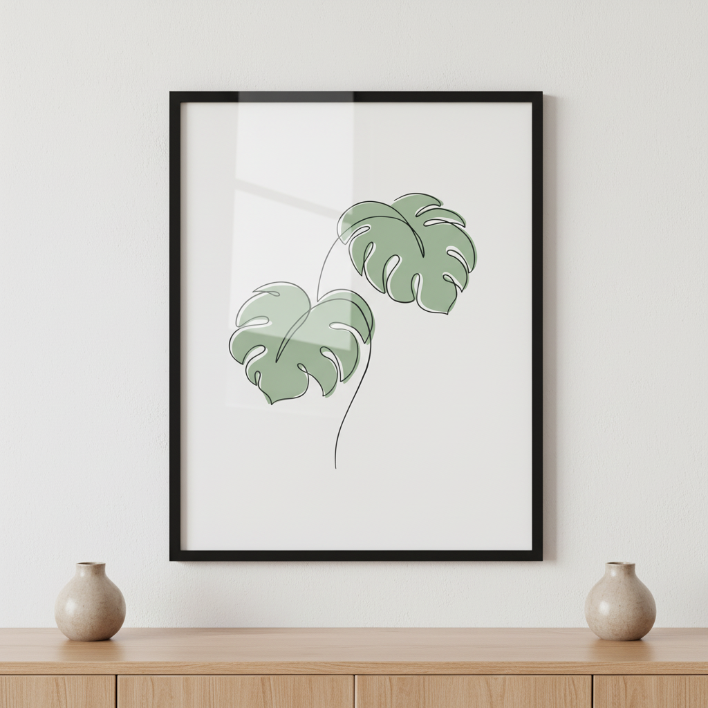 illustration of Monstera leaves ภาพติดผังสไตล์ธรรมชาติ สำหรับตกแต่งบ้านและคอนโด พร้อมกรอบคุณภาพ