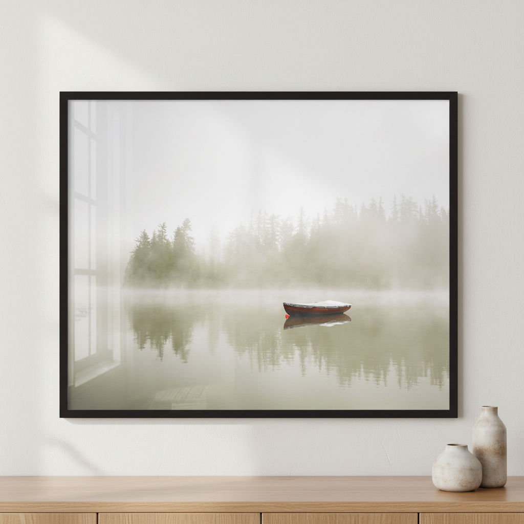 Boat on the lake at morning fog. ภาพติดผังสไตล์นามธรรม สำหรับตกแต่งบ้านและคอนโด พร้อมกรอบคุณภาพ