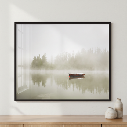 Boat on the lake at morning fog. ภาพติดผังสไตล์นามธรรม สำหรับตกแต่งบ้านและคอนโด พร้อมกรอบคุณภาพ