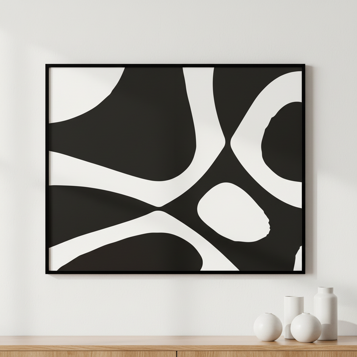 Close black white abstract painting white circle ภาพติดผังสไตล์สแกนดิเนเวีย สำหรับตกแต่งบ้านและคอนโด พร้อมกรอบคุณภาพ