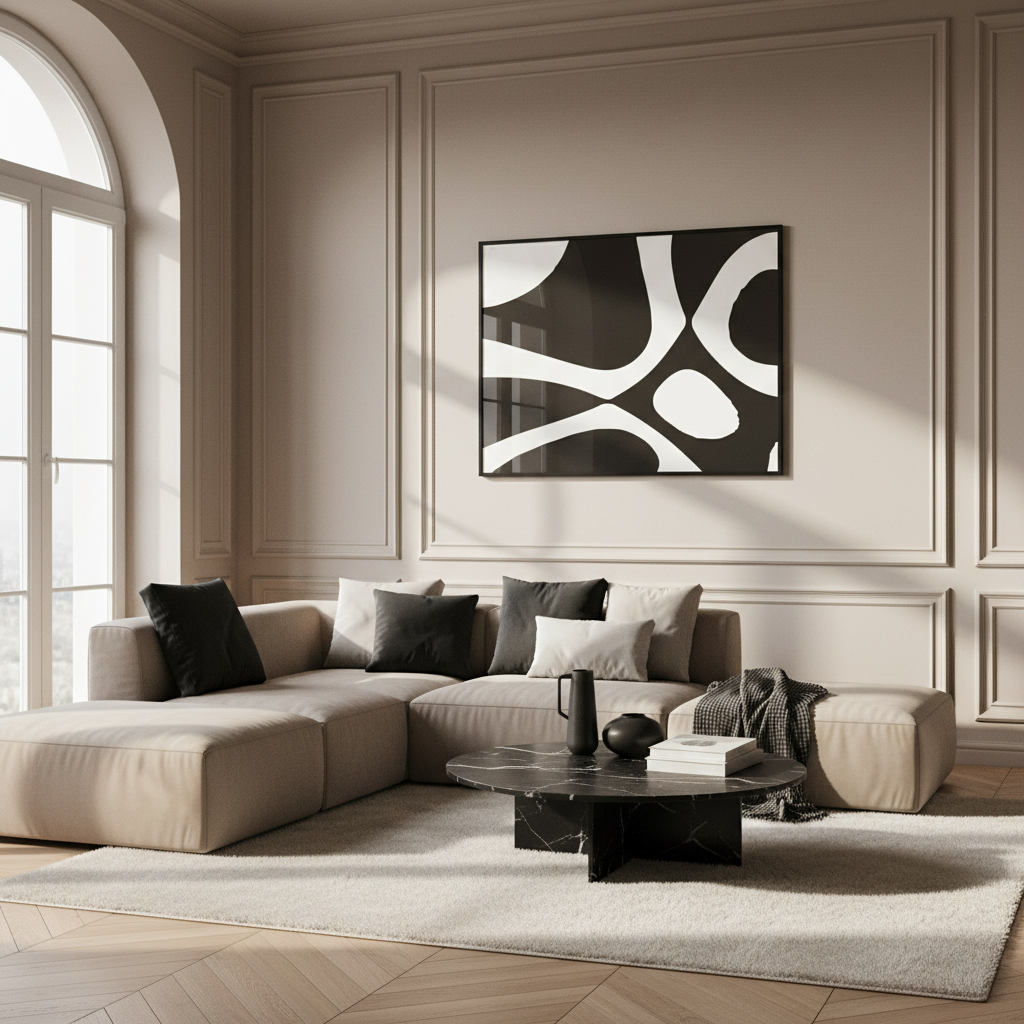 Close black white abstract painting white circle