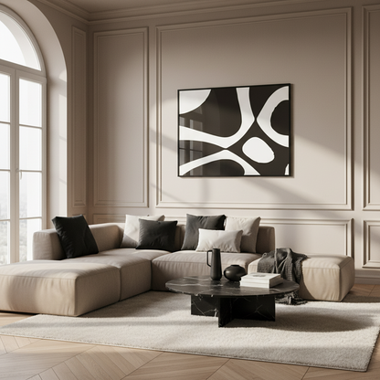 Close black white abstract painting white circle