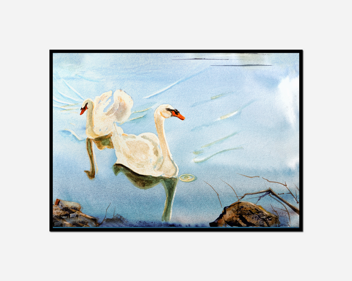 painting two swans swimming lake rocks water