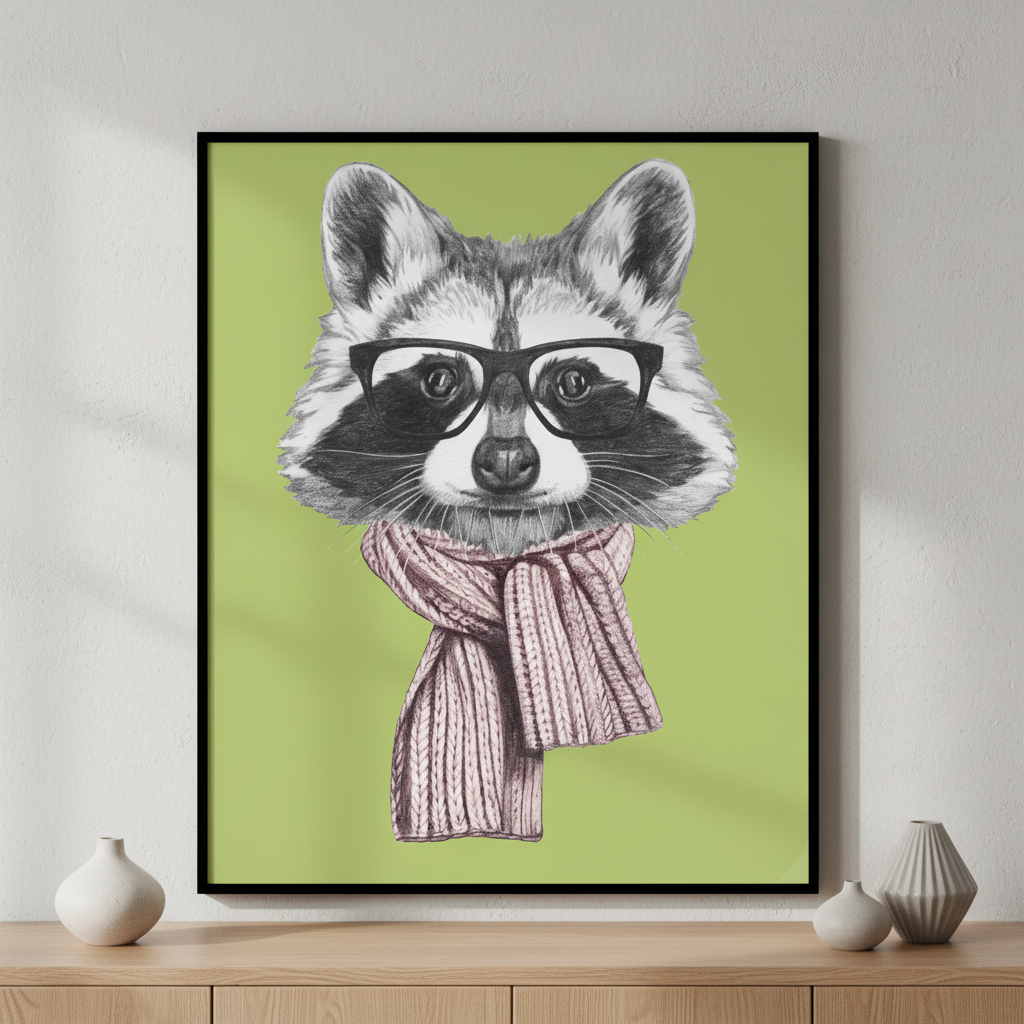 Close raccoon wearing scarf glasses ภาพติดผังสไตล์สแกนดิเนเวีย สำหรับตกแต่งบ้านและคอนโด พร้อมกรอบคุณภาพ