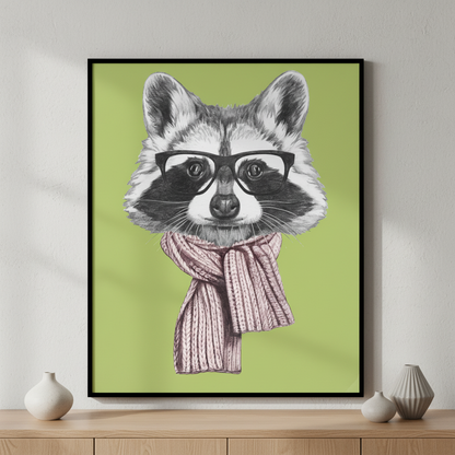 Close raccoon wearing scarf glasses ภาพติดผังสไตล์สแกนดิเนเวีย สำหรับตกแต่งบ้านและคอนโด พร้อมกรอบคุณภาพ