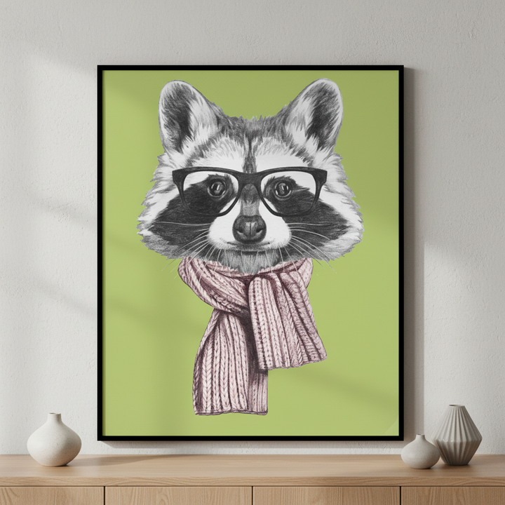 Close raccoon wearing scarf glasses ภาพติดผังสไตล์สแกนดิเนเวีย สำหรับตกแต่งบ้านและคอนโด พร้อมกรอบคุณภาพ