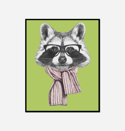 Close raccoon wearing scarf glasses