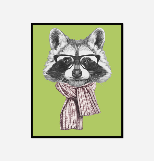 close raccoon wearing scarf glasses