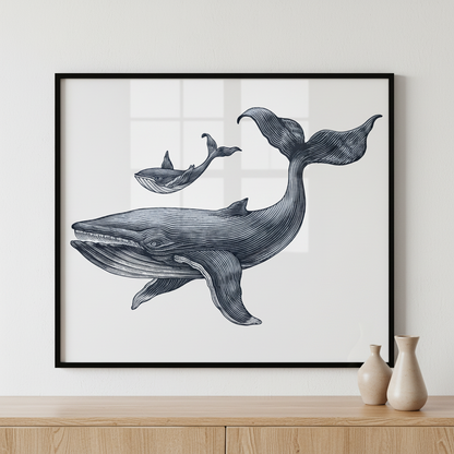 Black white whale fish ภาพติดผังสไตล์สแกนดิเนเวีย สำหรับตกแต่งบ้านและคอนโด พร้อมกรอบคุณภาพ